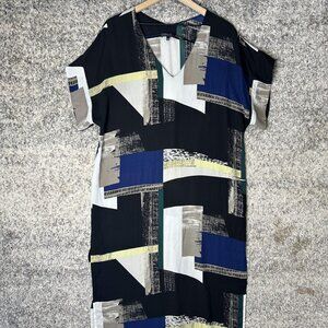 Babaton Dress Womens Large Black Multicolor Abstract V-Neck Shift Midi Tunic